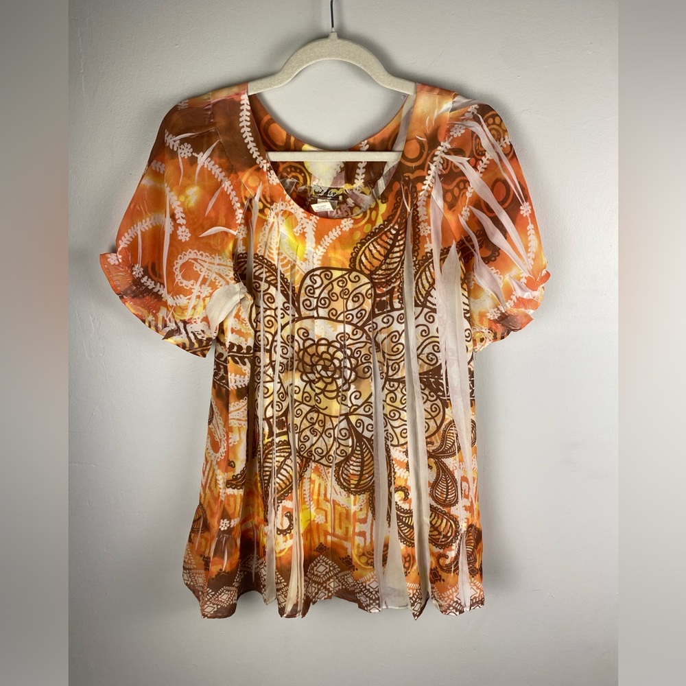 Creative Design Works Pleated Orange and Brown Patterned Women's Top Sz Medium